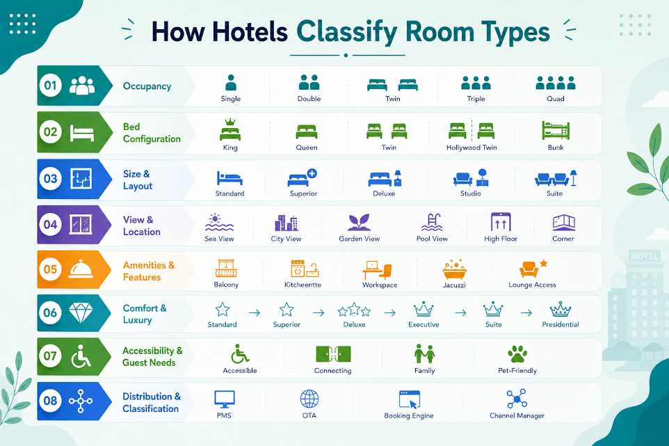 How hotels classify room types by occupancy, bed configuration, layout, location, amenities, accessibility, and distribution