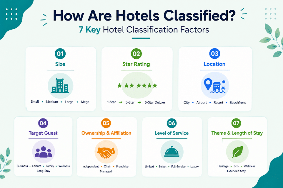 Infographic showing 7 hotel classification factors: size, star rating, location, target guest, ownership, service level, and theme/stay length