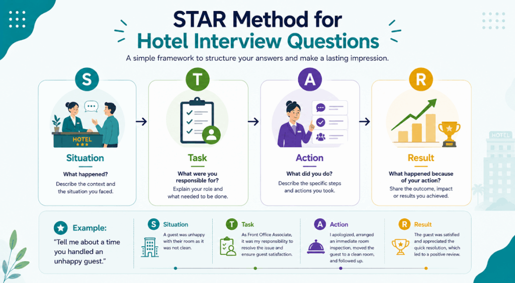 STAR method infographic for answering hotel interview questions using Situation, Task, Action, and Result.