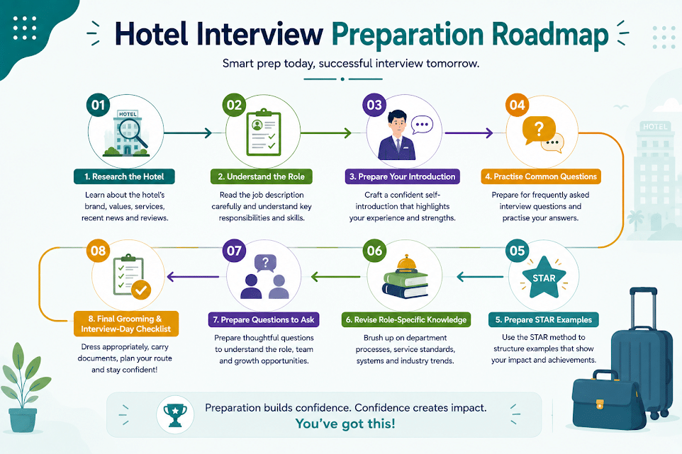 Hotel interview preparation roadmap with 8 key interview preparation steps.