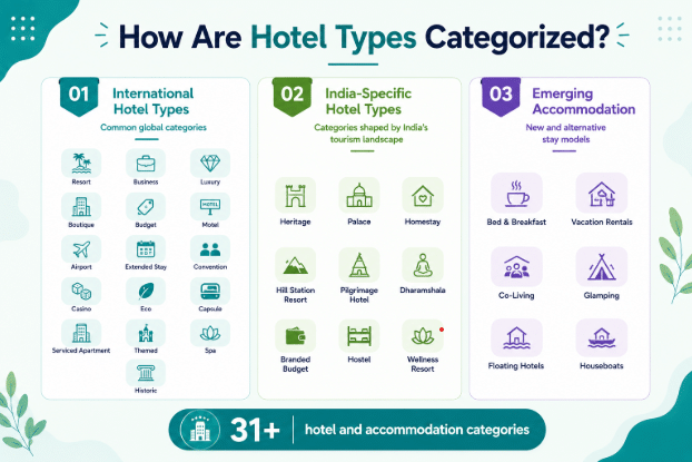Infographic showing 31+ hotel types grouped into International, India-Specific, and Emerging Accommodation categories.