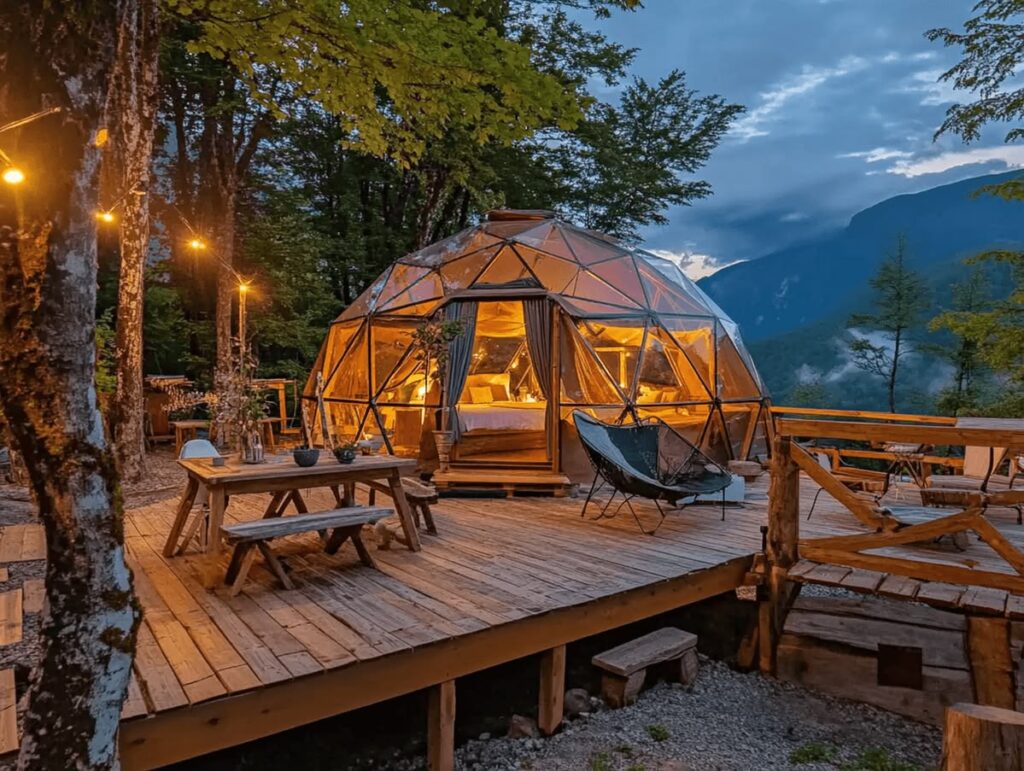 Luxury geodesic dome glamping resort with a wooden deck, mountain views, and forest surroundings, offering a premium outdoor hospitality and eco-lodging experience.