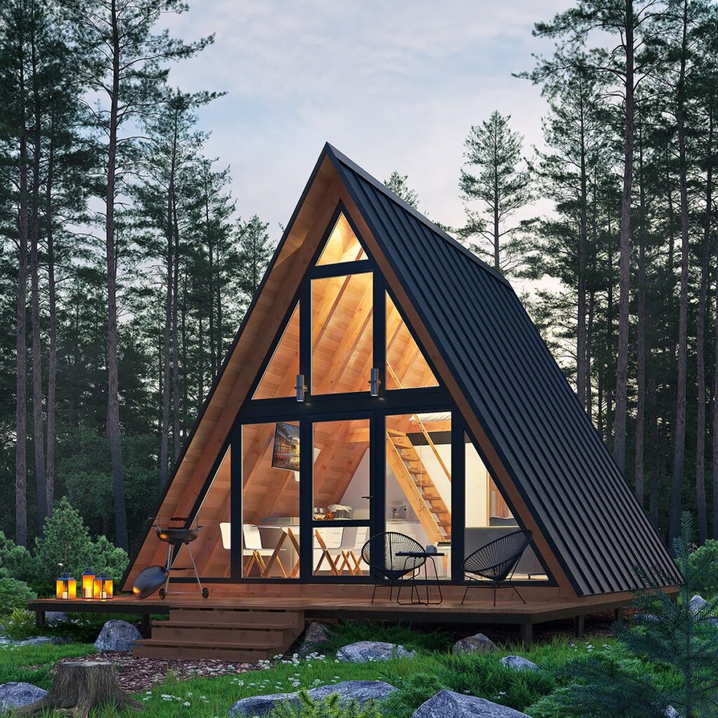 Luxury A-frame cabin with panoramic glass windows in a forest setting, offering modern eco-lodging, glamping, and boutique accommodation for nature getaways.