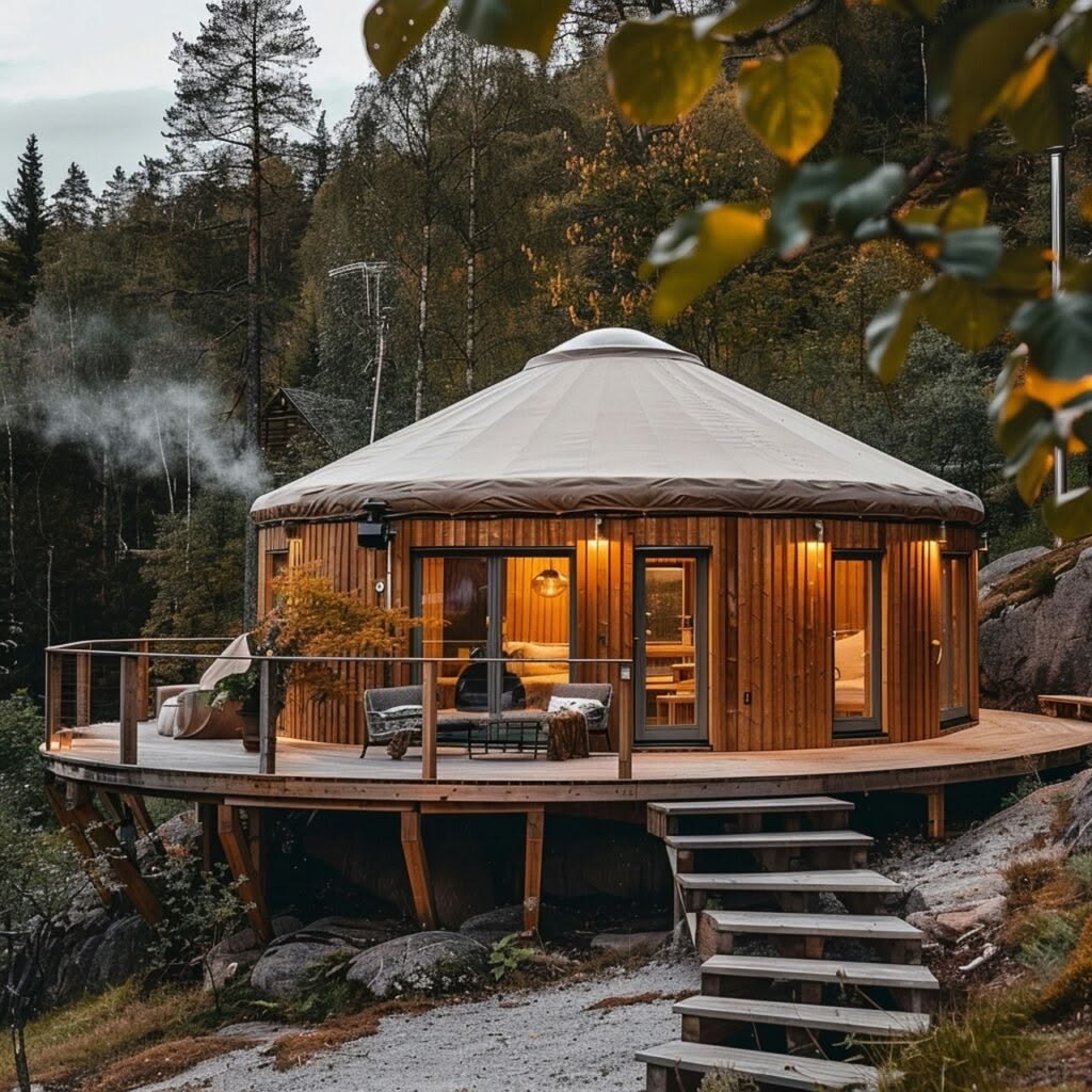 Luxury circular glamping cabin featuring a wooden deck, cozy interiors, and forest surroundings, ideal for eco-lodges, boutique stays, and nature-based hospitality.