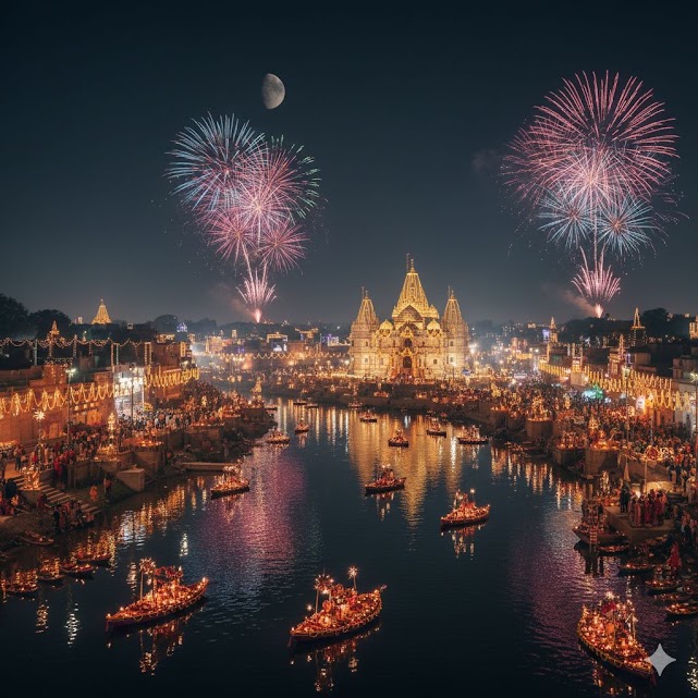 Colorful fireworks above a festive riverside temple at night.