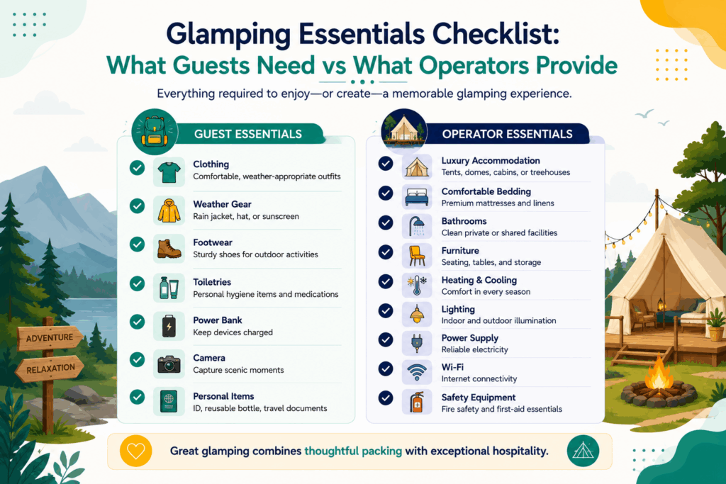 Glamping essentials checklist infographic showing what guests should pack versus what glamping operators provide, including accommodations, amenities, safety equipment, Wi-Fi, and travel essentials.