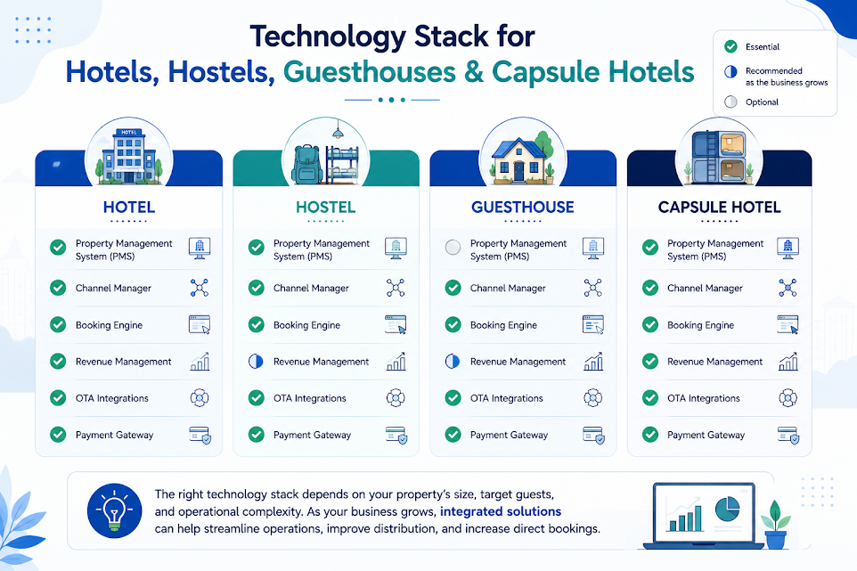 Infographic illustrating the ideal hospitality technology stack for hotels, hostels, guesthouses, and capsule hotels to improve operations and direct bookings.