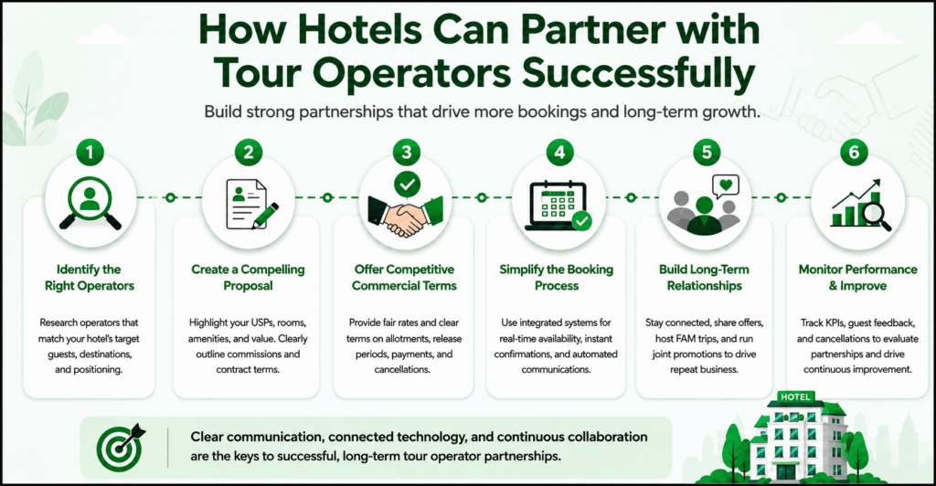 Infographic explaining six steps for successful hotel-tour operator collaboration.