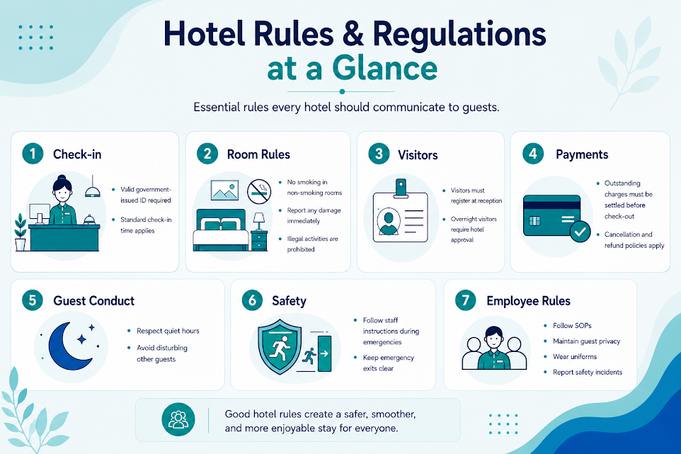 Infographic highlighting essential hotel rules and regulations, including check-in, room policies, visitors, payments, guest conduct, safety, and employee guidelines.