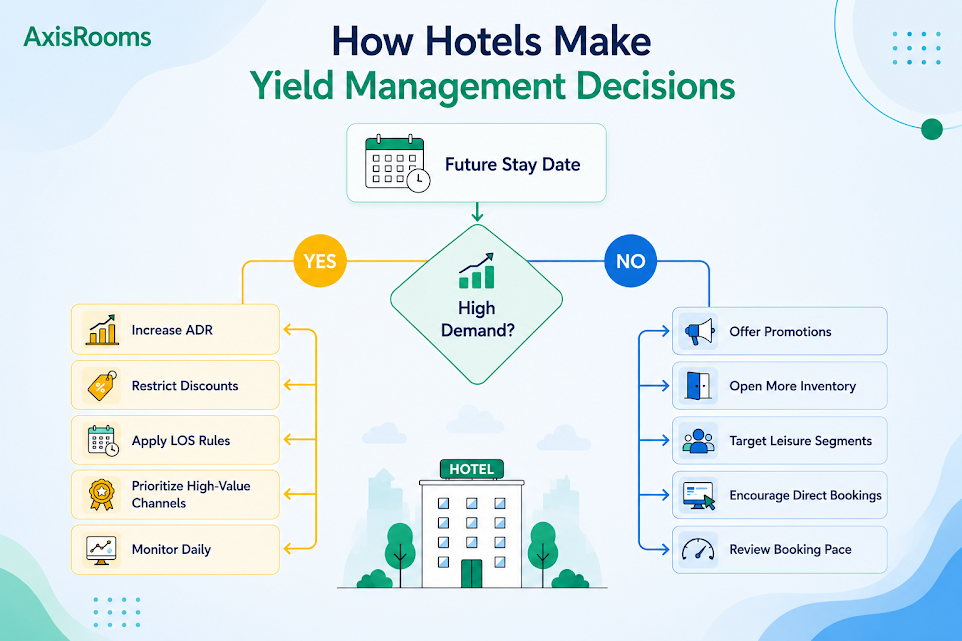 Decision-making framework for hotel yield management that uses demand forecasts to determine pricing, length-of-stay rules, inventory allocation, promotional offers, and channel strategy