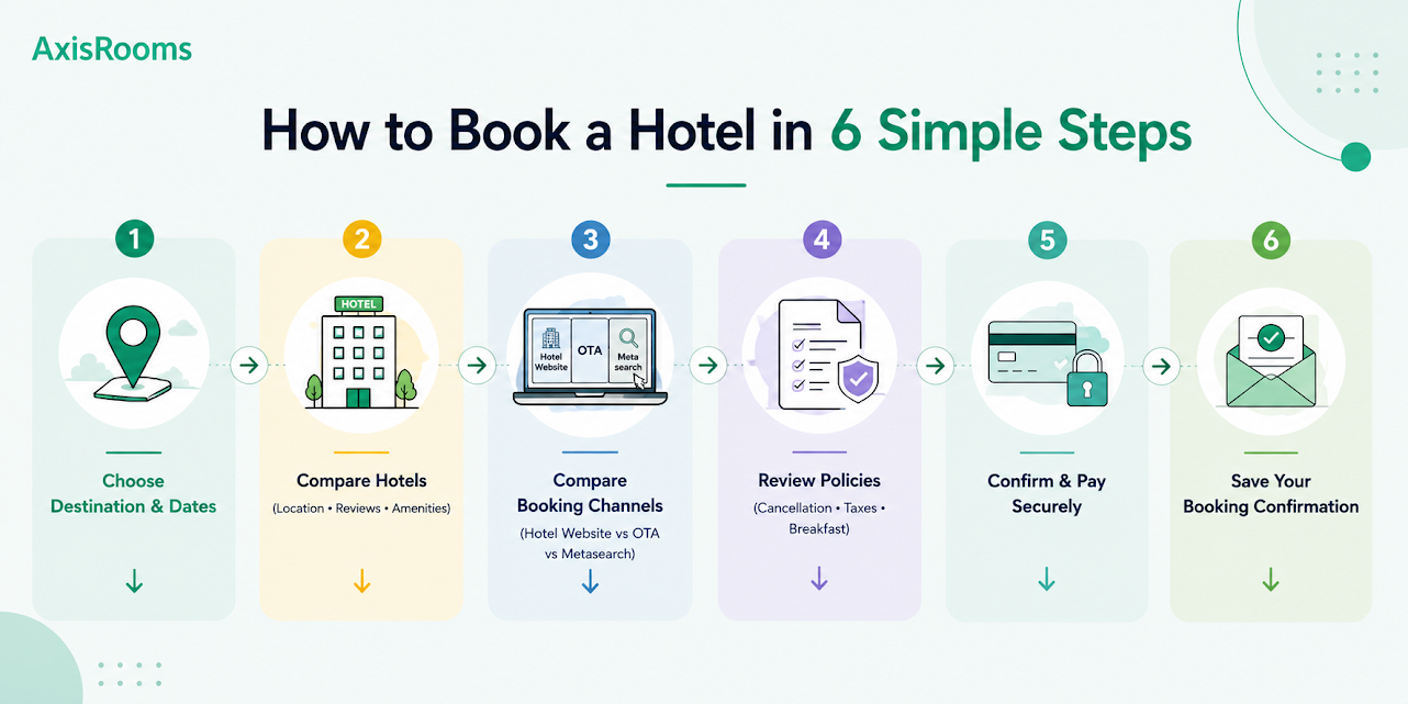 Hotel booking process infographic showing six easy steps, from choosing travel dates to receiving your booking confirmation.