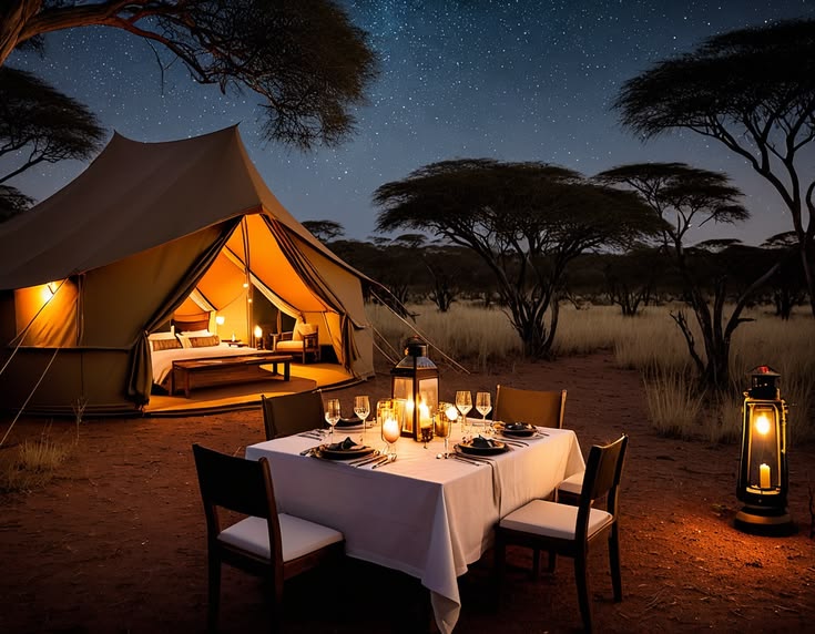 Luxury safari glamping experience with a premium canvas tent, private outdoor dining, and starlit views, offering an unforgettable eco-tourism and boutique hospitality stay.