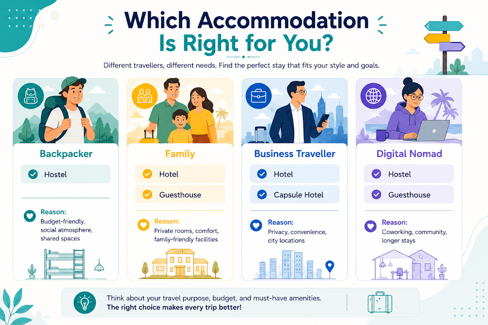 Infographic illustrating the ideal hospitality technology stack for hotels, hostels, guesthouses, and capsule hotels to improve operations and direct bookings.