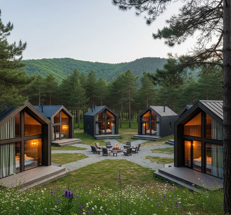 Luxury cabin resort featuring modern woodland cabins, a communal fire pit, and mountain views, ideal for eco-tourism, nature retreats, and outdoor hospitality.