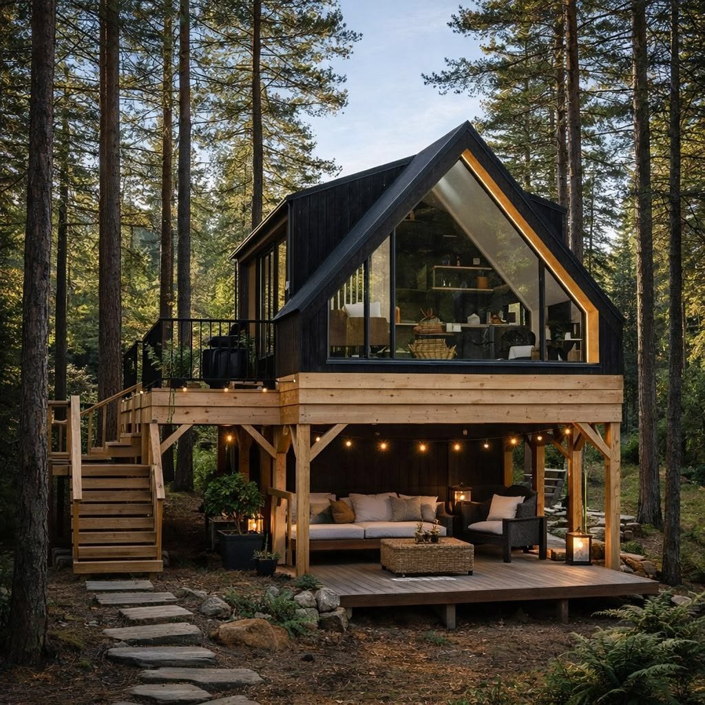 Luxury A-frame cabin in a forest featuring panoramic glass windows, a spacious wooden deck, and outdoor seating, ideal for eco-tourism, glamping, and nature getaways.