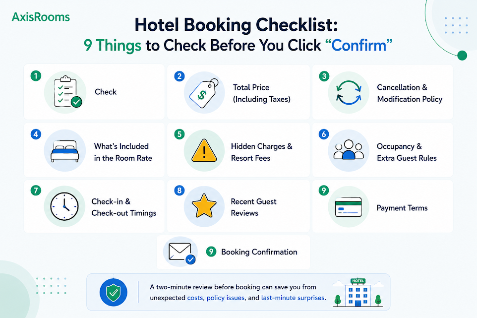 hotel booking checklist infographic showing nine important factors travelers should review before clicking the confirm booking button.