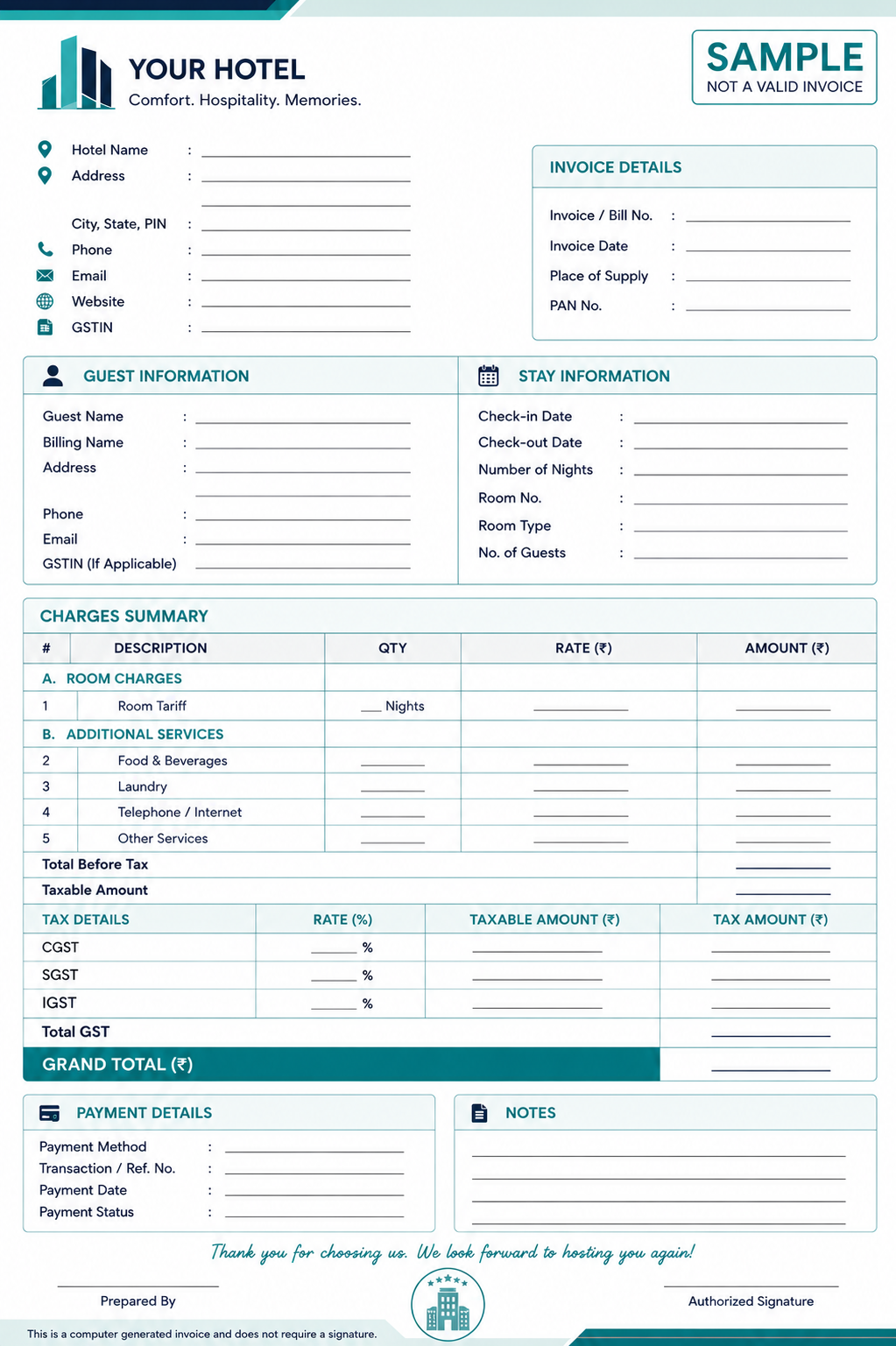Hotel bill invoice template for Indian hotels showing guest and stay information, room charges, additional services, GST details, payment information, and grand total.