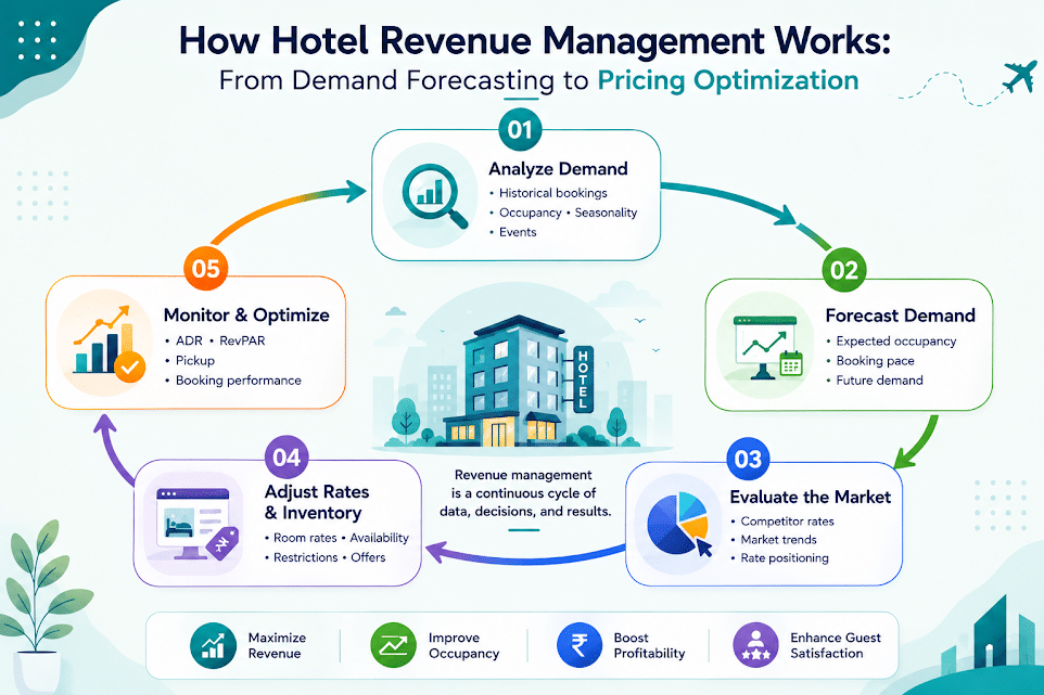 Infographic illustrating five steps of hotel revenue management, from analyzing and forecasting demand to adjusting rates and monitoring performance.