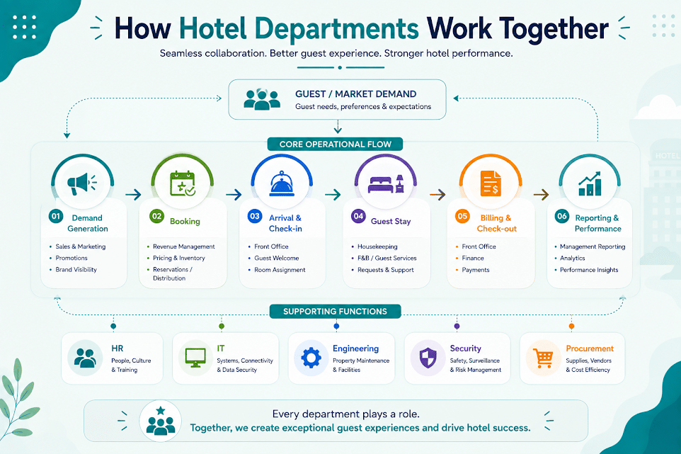 Diagram of hotel departments collaborating: a six-step guest journey (booking through
