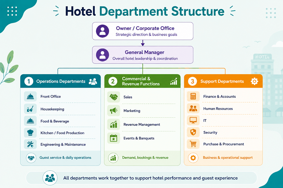 Hotel department hierarchy from owner and general manager to operations, revenue, and support teams