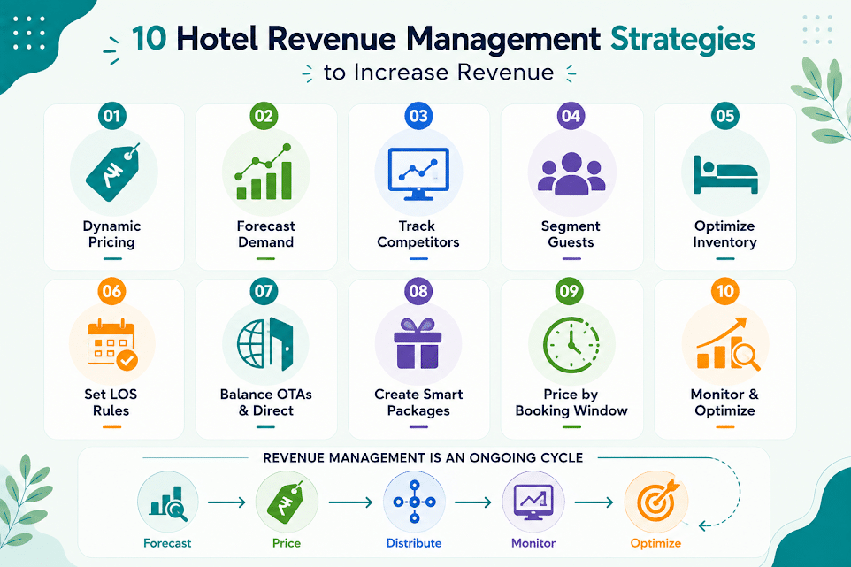 10 hotel revenue management strategies and a 5-step revenue cycle (forecast, price, distribute, monitor, optimize)