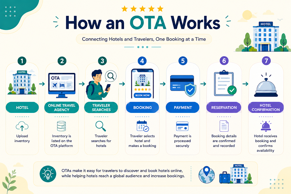 Online Travel Agency (OTA) booking workflow infographic explaining how hotels list inventory, travelers book rooms, payments are processed, and reservations are confirmed.