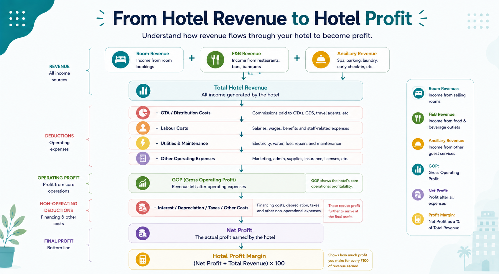 Infographic showing how hotel revenue flows into profit, covering room, F&B, and ancillary revenue, operating costs, GOP, non-operating costs, net profit, and hotel profit margin.